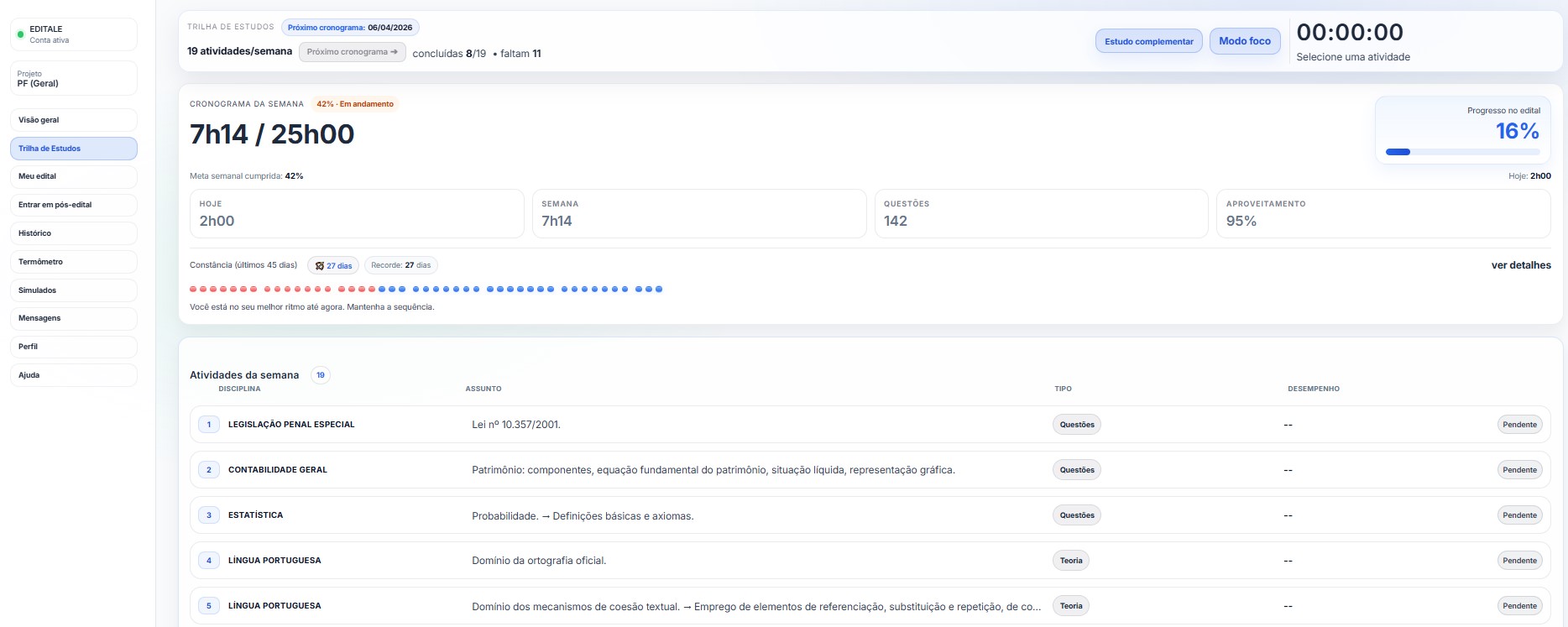 Cronograma semanal do EDITALE — tela real da plataforma
